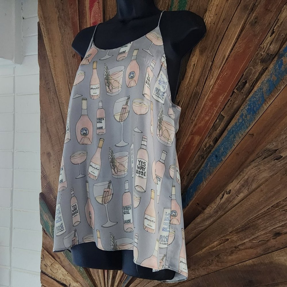 Cyn Bottle and glass Rose bubbles novelty print silk blouse/shirt/cami Sz M